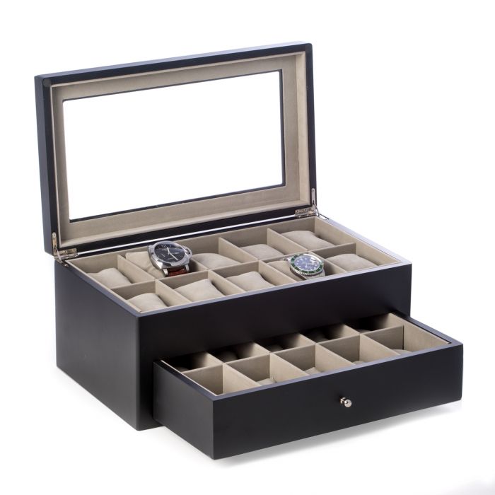 Bey-Berk 20-Watch Box | Glass Top & Drawer | Matte Black Wood | BB640BLK