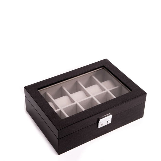 Bey-Berk 10-Watch Case | Glass Top | Steel Gray Wood | BB646STL