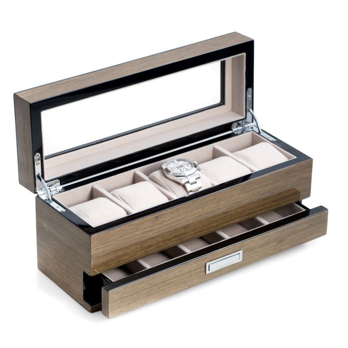 Bey-Berk 5-Watch Box | Glass Top | Compartment Accessory Drawer | Silver Walnut Wood | BB647GRY