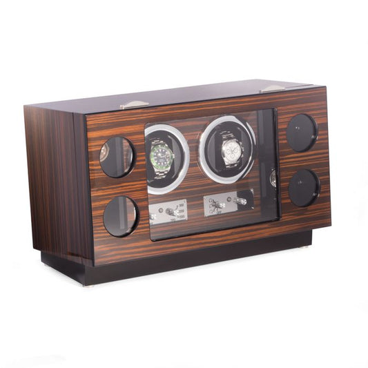 Bey-Berk 2-Watch Winder and 4 Watch Storage Case | Glass Face | Ebony Burlwood | BB650EBN