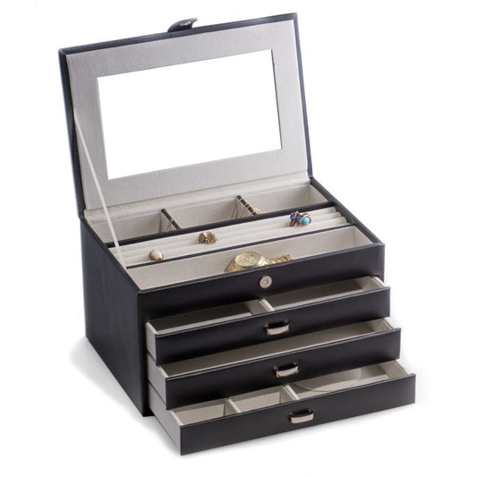 Bey-Berk 4 Level Jewelry Box w/ Multi Compartment & Glass Top, Black Leather- BB652BLK