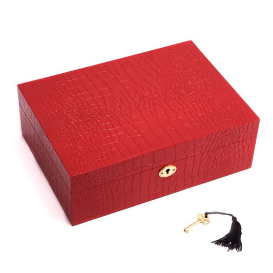 Bey-Berk Jewelry Box Chest with Valet Tray, Red Croco Wood - BB658RED