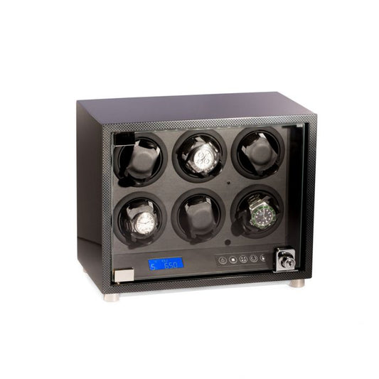 Bey-Berk 6-Watch Winder | Locking Glass Door | Carbon Fiber Finish | BB662STL