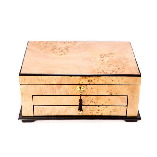 Bey-Berk 3 Level Jewelry Box Storage w/ Drawers and Glass Top, Birdseye Maple- BB670BRL