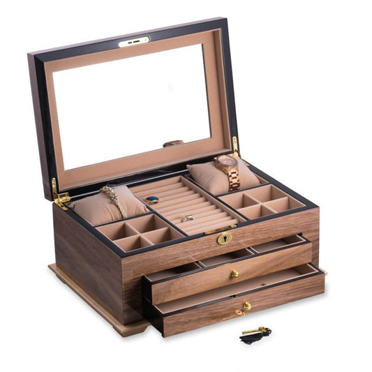 Bey-Berk 3 Level Jewelry Box | Glass Top | Walnut Finish | BB670BRW