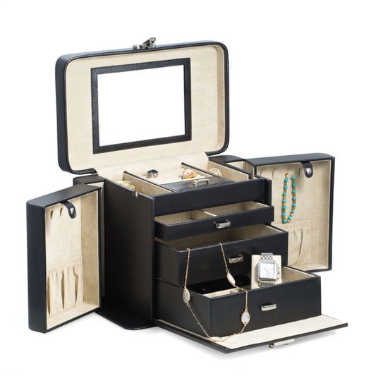 Bey-Berk 4 Level Jewelry Box w/ Travel Pouch | Black Lizard Leather | BB675BLK