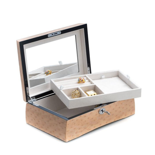 Bey-Berk Jewelry Box w/ Tray and Glass Top, Salmon Burl Wood  - BB679SLM
