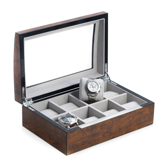 Bey-Berk 8-Watch Case | Glass Top | Lacquered Brown Burl Wood | BB680BRL