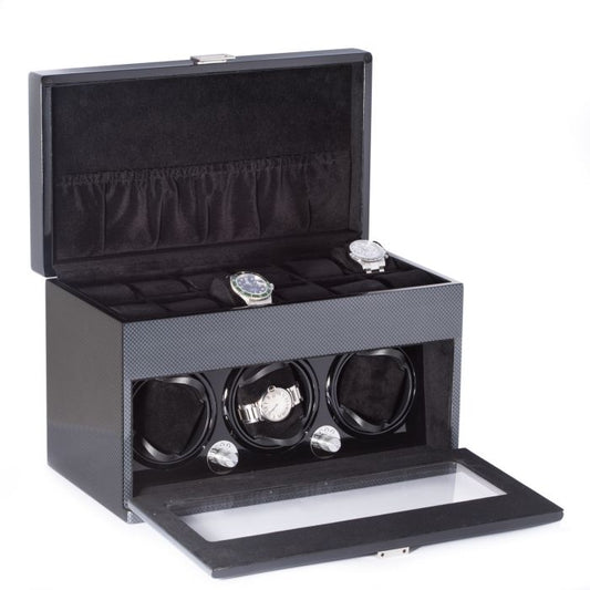 Bey-Berk 3-Watch Winder & 12-Watch Storage | Carbon Fiber Steel Gray | BB681STL