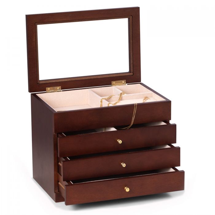 Bey-Berk Jewelry Box Chest | Glass Viewing Top and Drawers | Rosewood Finish | BB684BRW