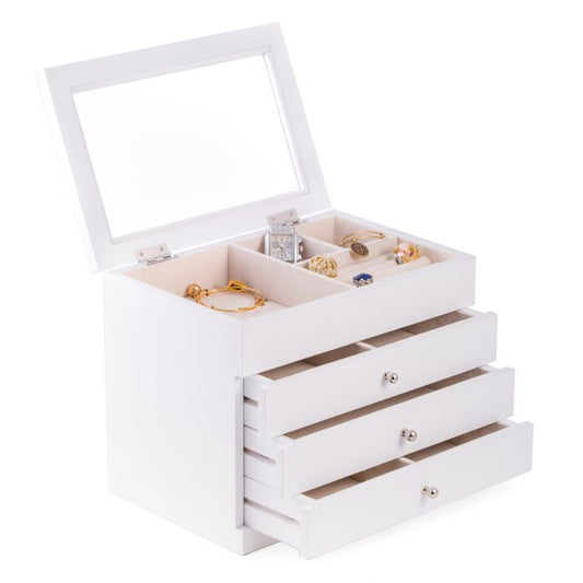Bey-Berk Jewelry Box Chest | Drawers & Glass Top | White Wood | BB684WHT