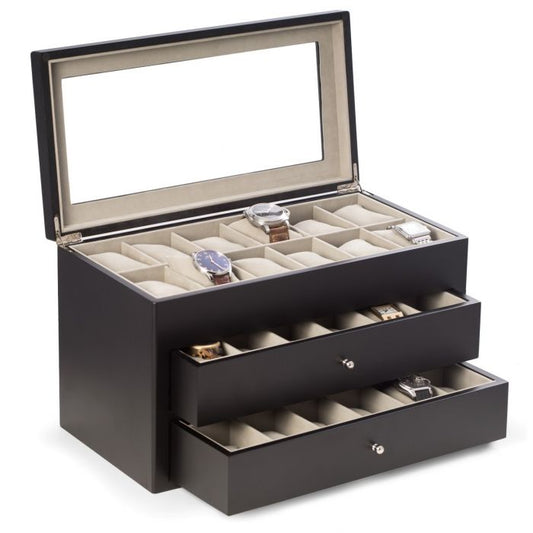 Bey-Berk 36-Watch Box | Glass Top & Drawers | Matte Black Wood | BB686BLK