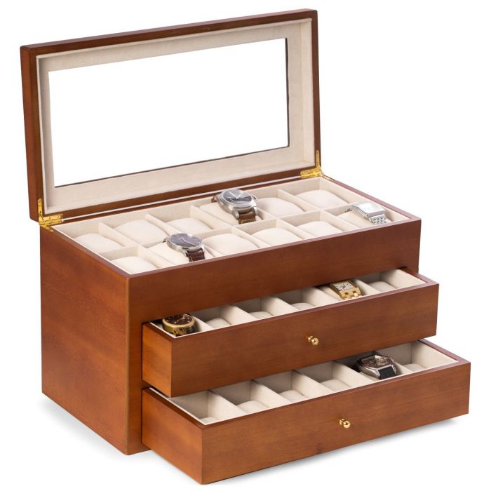 Bey-Berk 36-Watch Box with Glass Top & Drawers, Cherry Wood - BB686BRW