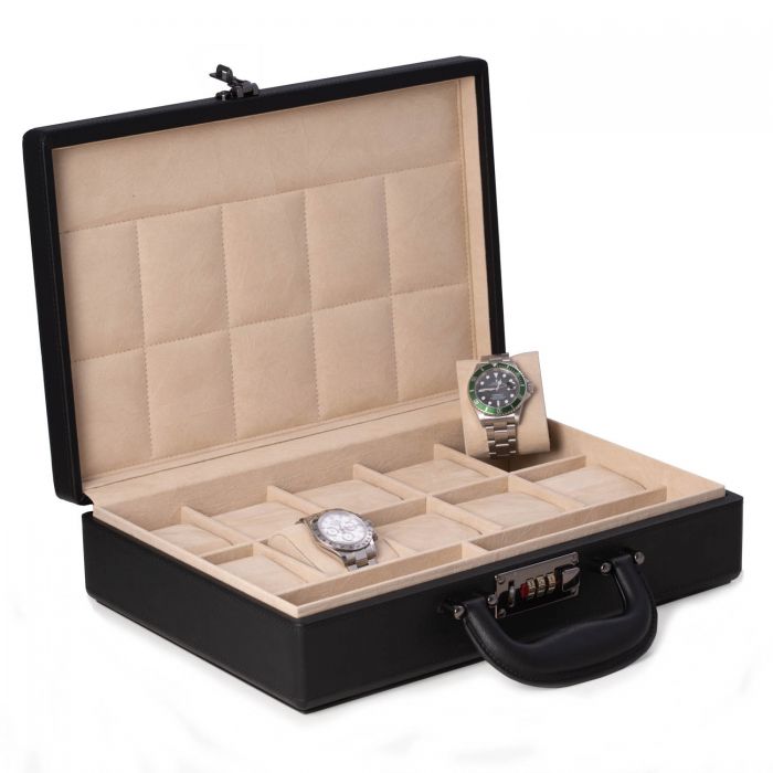 Bey-Berk 10-Watch Black Briefcase Storage w/ handle and combo lock- BB696BLK
