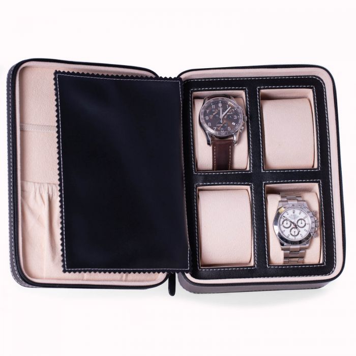 Bey-Berk 4 Watch and Accessory Travel Case | Black leather | BB738BLK