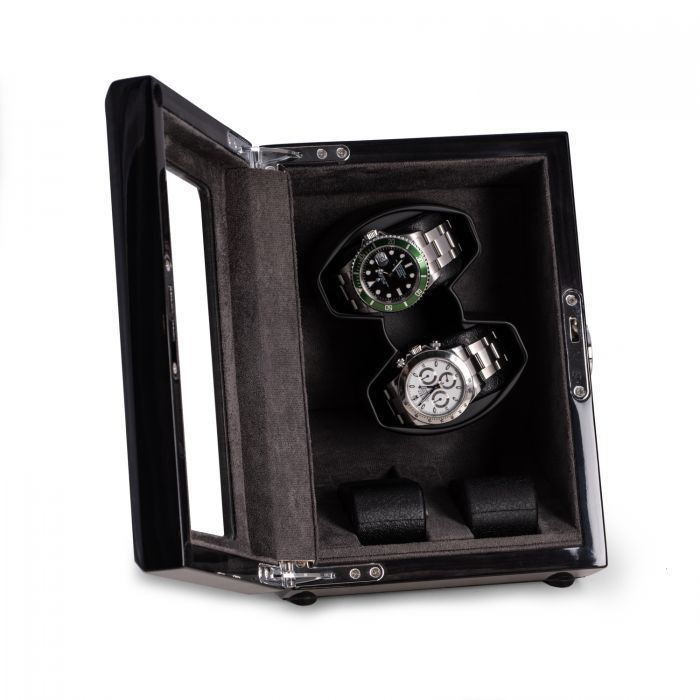 Bey-Berk 2-Watch Winder and 2-Watch Storage Case | Glass Top | Ash Wood | BB740GRY