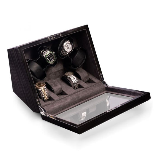 Bey-Berk 4-Watch Winder and 4-Watch Storage Case with Glass Top, Ash Wood- BB741GRY