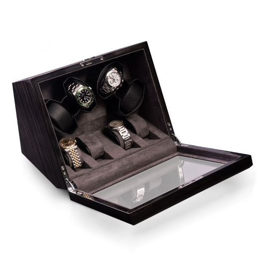 Bey-Berk 4-Watch Winder and 4-Watch Storage Case | Glass Top | Ash Wood | BB741GRY