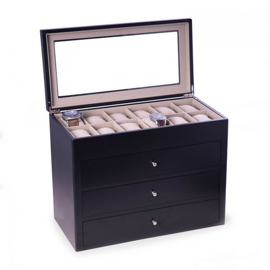 Bey-Berk “Stanley” 48 Slot Watch Box | Glass Top & Drawer | Matte Black