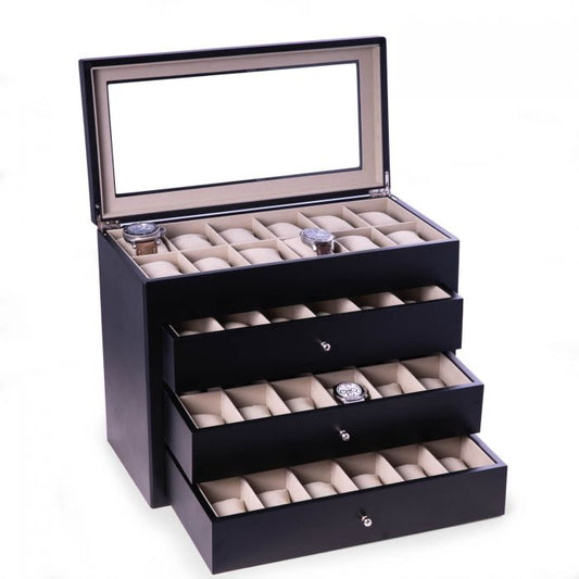 Bey-Berk “Stanley” 48 Slot Watch Box | Glass Top & Drawer | Matte Black