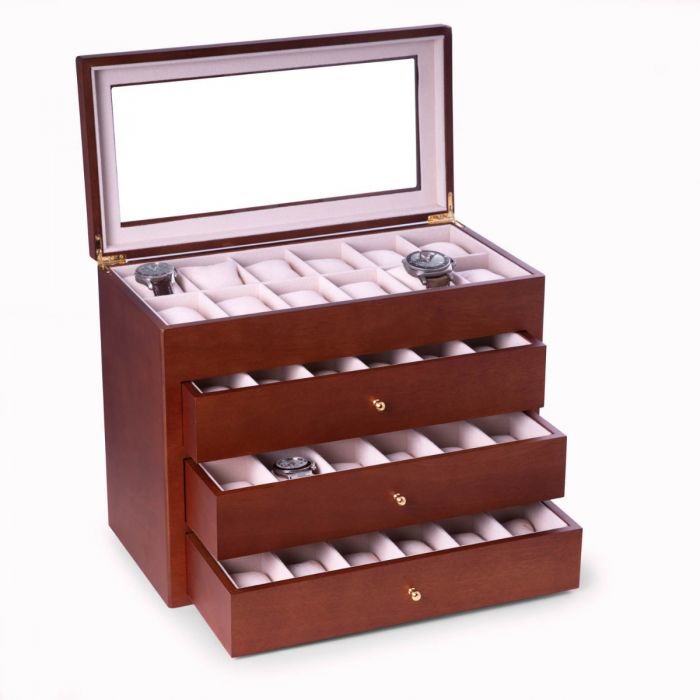 Bey-Berk “Stanley” 48 Slot Watch Box | Glass Top & Drawer | Cherry Wood