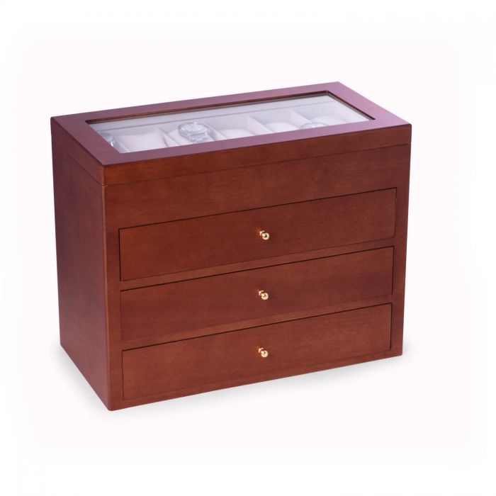 Bey-Berk “Stanley” 48 Slot Watch Box | Glass Top & Drawer | Cherry Wood