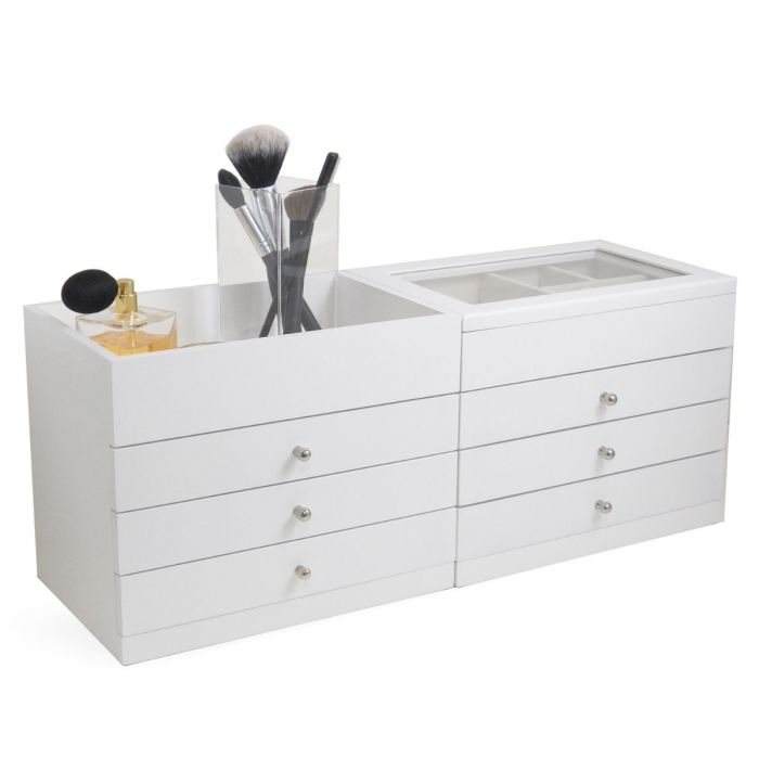 Bey-Berk Jewelry Box Chest | Drawers & Glass Top | White Wood | BB684WHT