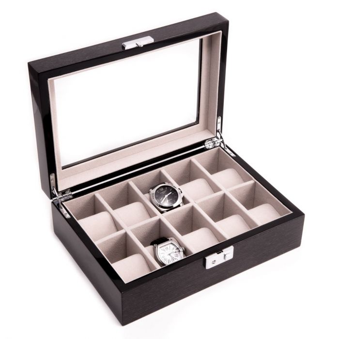 Bey-Berk 10-Watch Case with Glass Top, Steel Gray Wood - BB646STL