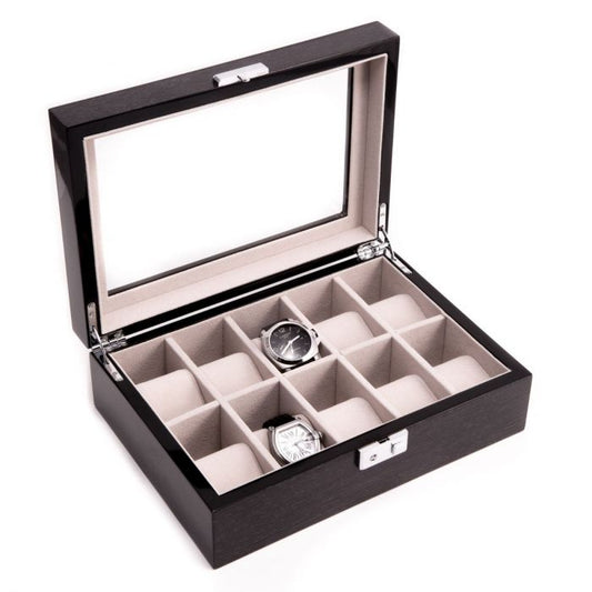 Bey-Berk 10-Watch Case with Glass Top, Steel Gray Wood - BB646STL