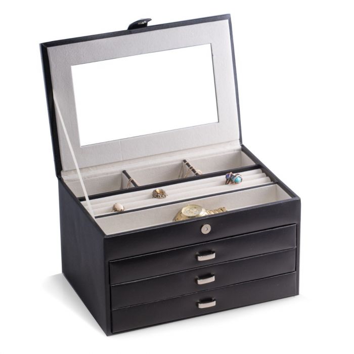 Bey-Berk 4 Level Jewelry Box | Multi Compartments | Glass Top | Black Leather | BB652BLK