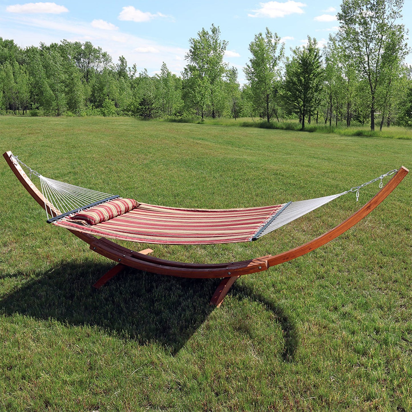 Quilted Fabric 2-Person Hammock | Curved Arc Wood Stand | 400 Pound Capacity