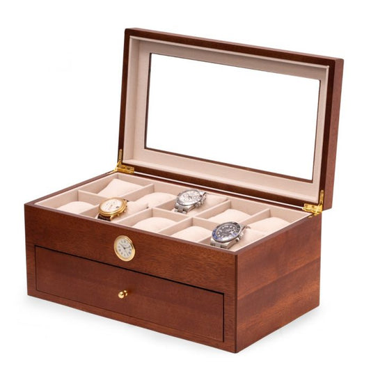 Bey-Berk 20-Watch Box w/ Quartz Movement Clock | Cherry Wood | CM640BRW