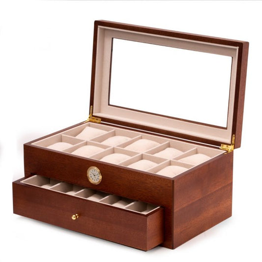 Bey-Berk 20-Watch Box w/ Quartz Movement Clock | Cherry Wood | CM640BRW