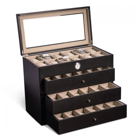 Bey-Berk All in Time, 48 Slot Watch Box, Black Wood w/ Glass Top and Drawers- CM786BLK