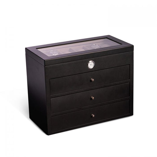 Bey-Berk “All in Time” 48 Slot Watch Box | Black Wood | Glass Top and Drawers | CM786BLK