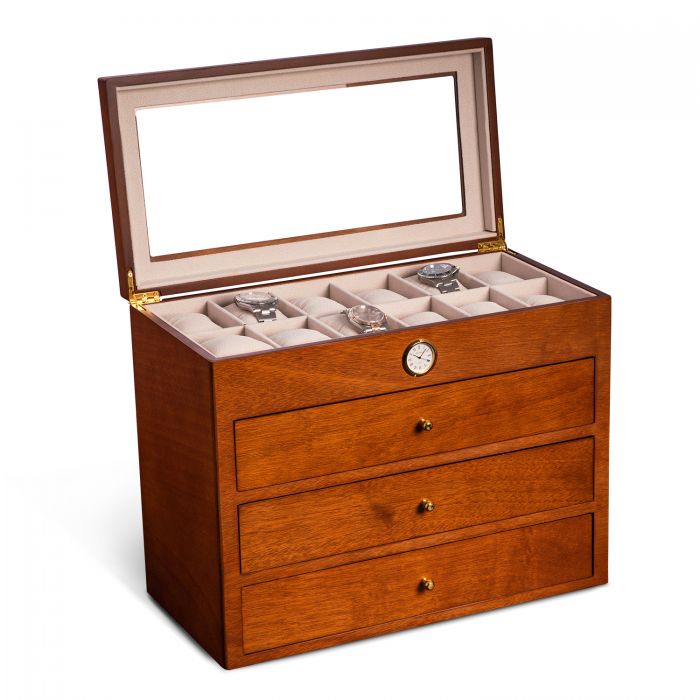 Bey-Berk “All in Time” 48 Slot Watch Box | Cherry Wood | Glass Top and Drawers | CM786BRW