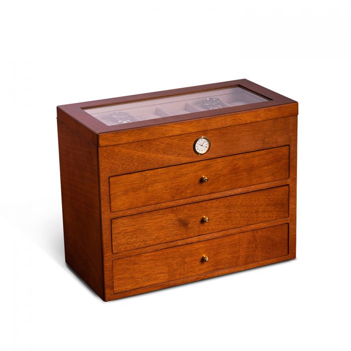 Bey-Berk “All in Time” 48 Slot Watch Box | Cherry Wood | Glass Top and Drawers | CM786BRW
