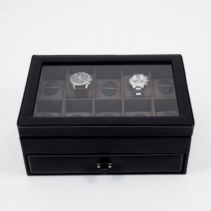Bey-Berk 10-Watch Case | Glass Top and Drawer | Black Pebbled Leather | BB633BLK