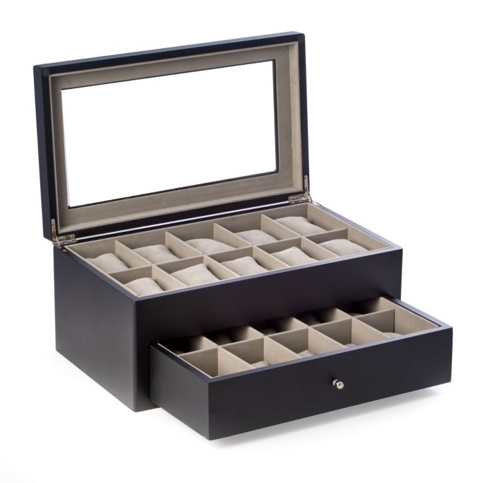 Bey-Berk 20-Watch Box | Glass Top & Drawer | Matte Black Wood | BB640BLK