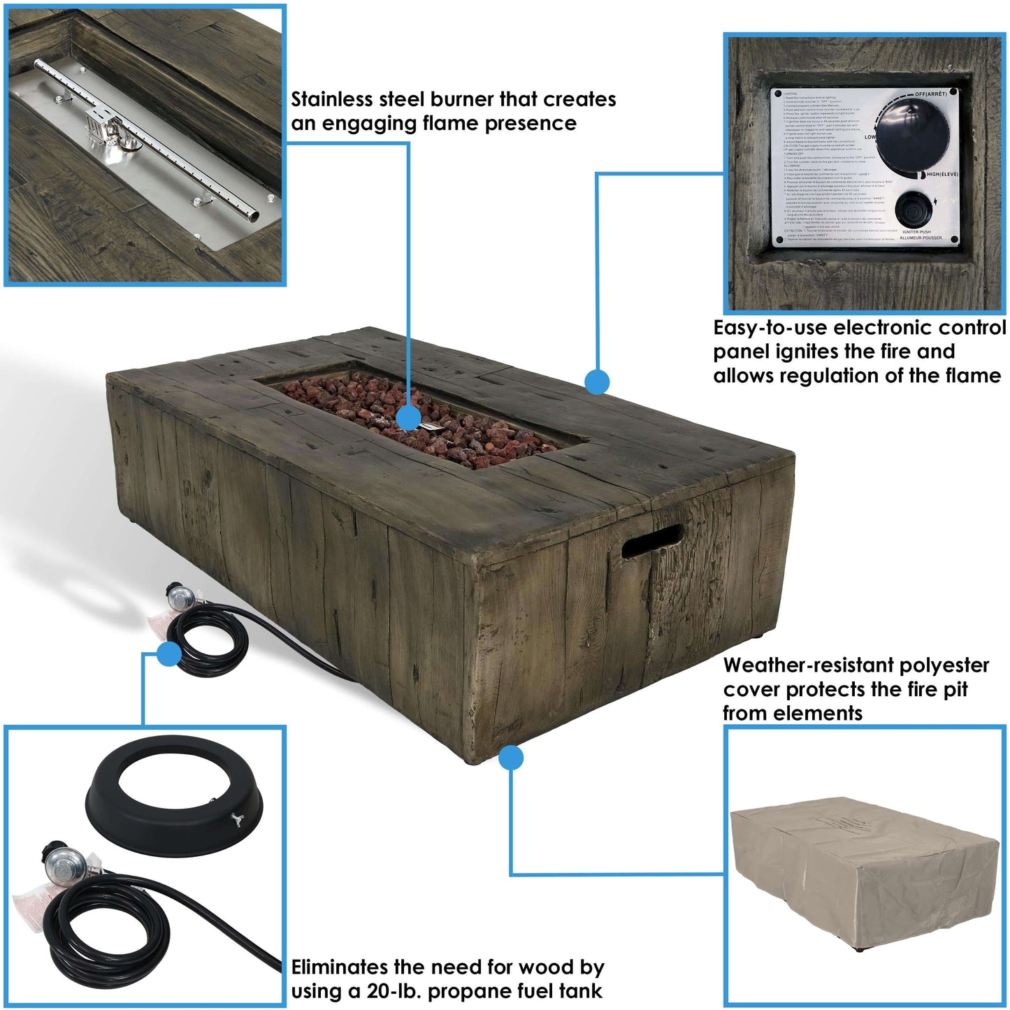 48" Rustic Faux Wood Fire Pit | Weather-Resistant Durable Cover and Lava Rocks | Smokeless