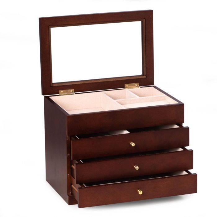 Bey-Berk Jewelry Box Chest | Glass Viewing Top and Drawers | Rosewood Finish | BB684BRW