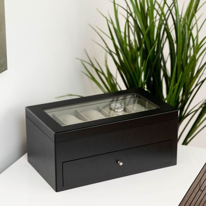 Bey-Berk 20-Watch Box | Glass Top & Drawer | Matte Black Wood | BB640BLK