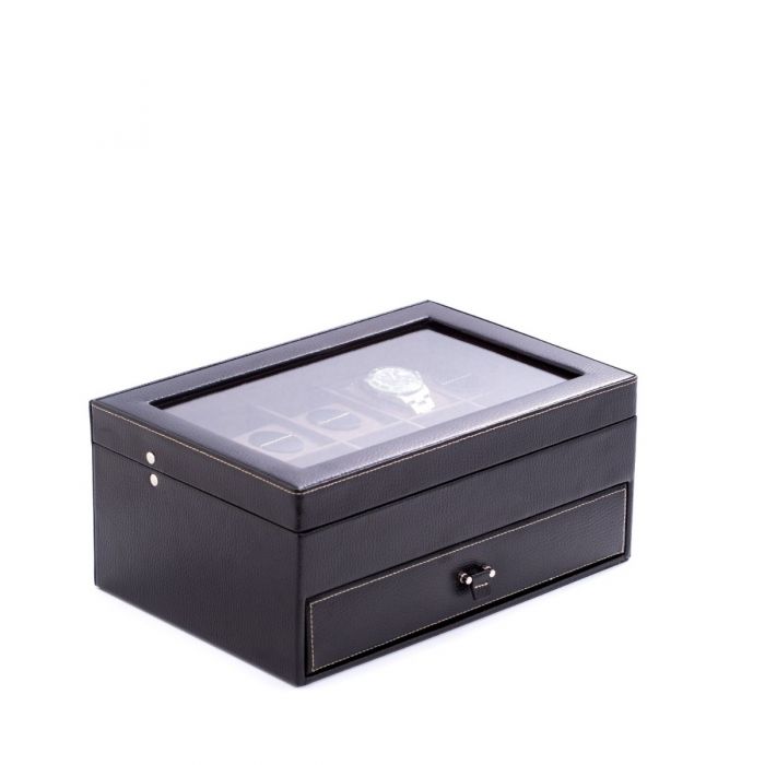 Bey-Berk 10-Watch Case | Glass Top and Drawer | Black Pebbled Leather | BB633BLK