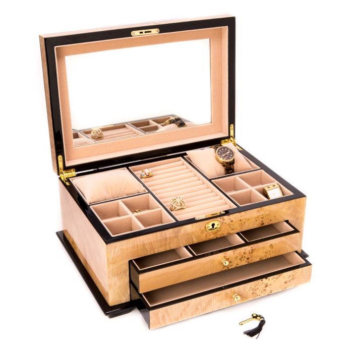 Bey-Berk 3-Level Jewelry Box Storage | Drawers and Glass Top | Birdseye Maple | BB670BRL