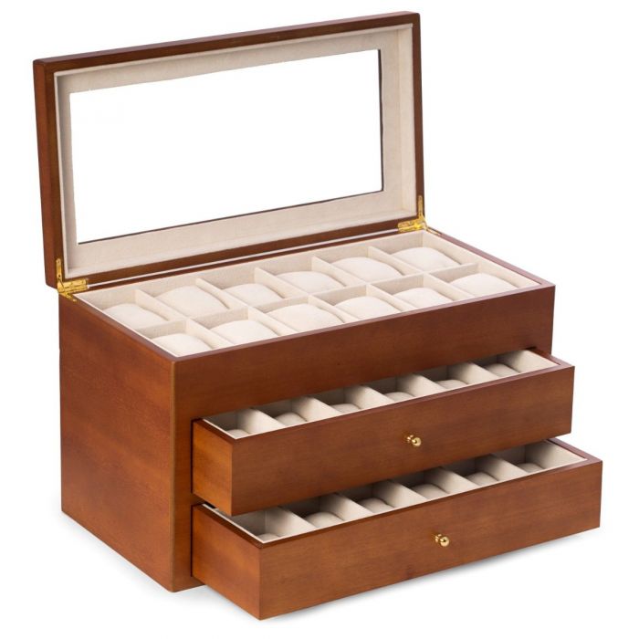 Bey-Berk 36-Watch Box with Glass Top & Drawers, Cherry Wood - BB686BRW
