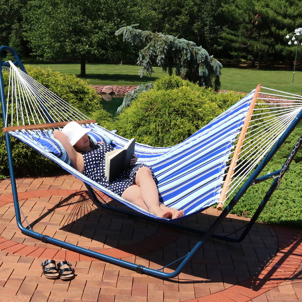 Double Hammock with Pillow | Quilted Fabric | Spreader Bars Included