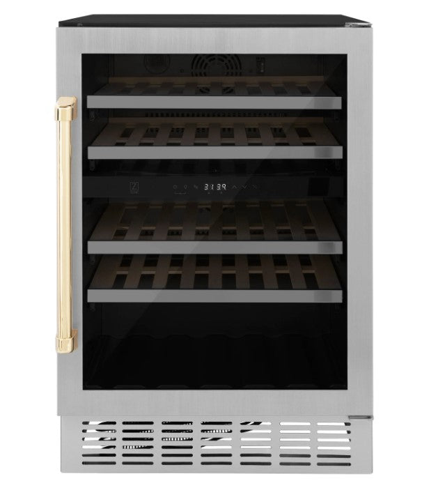 ZLINE 24" Monument Autograph Edition Dual Zone 44-Bottle Wine Cooler in Stainless Steel with Accents