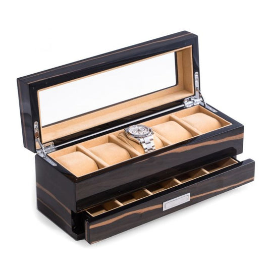 Bey-Berk 5-Watch Box | Glass Top | Compartment Accessory Drawers | Ebony Wood | BB647EBN