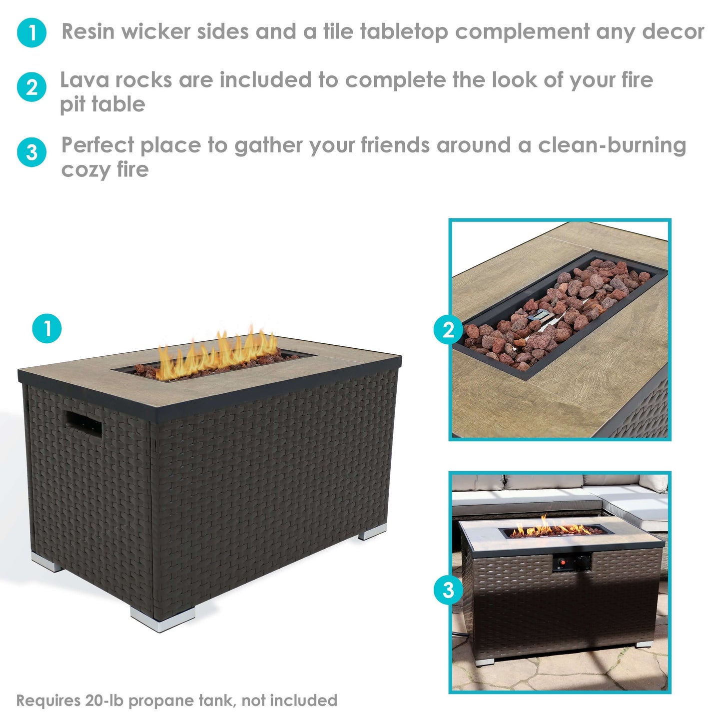 32" Tile Top Wicker Fire Pit Table | Resin Wicker and Lava Rocks | Smokeless