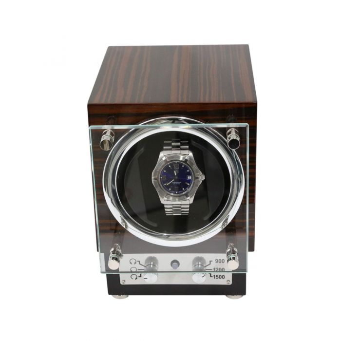 Bey-Berk Single Watch Winder | Glass Face | Ebony Burlwood | BB651EBN